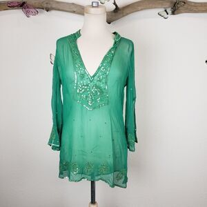 Bcbgmaxazria green beaded silk tunic
